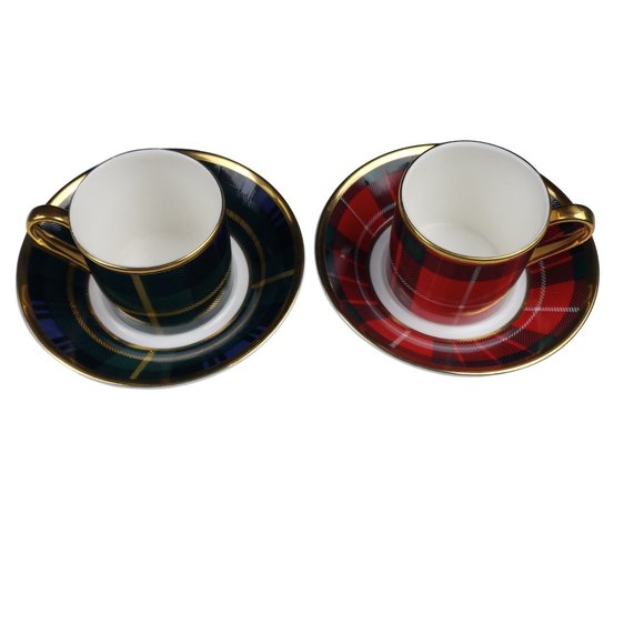 Fox Tartan Plaid Green Red Demitasse Cup Saucer Sets English Bone China Fraser - Picture 2 of 11